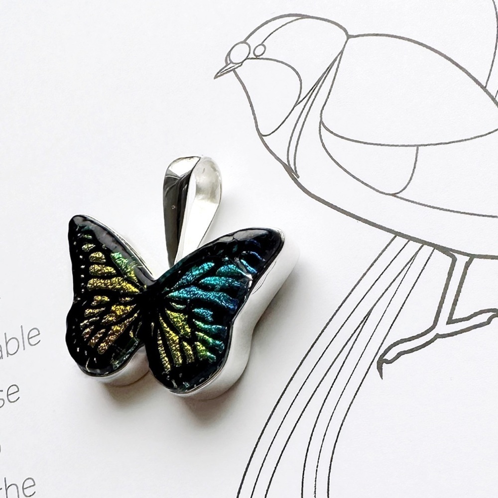 NEW Sterling Silver Dichroic Glass Monarch Butterfly Pendant Necklace